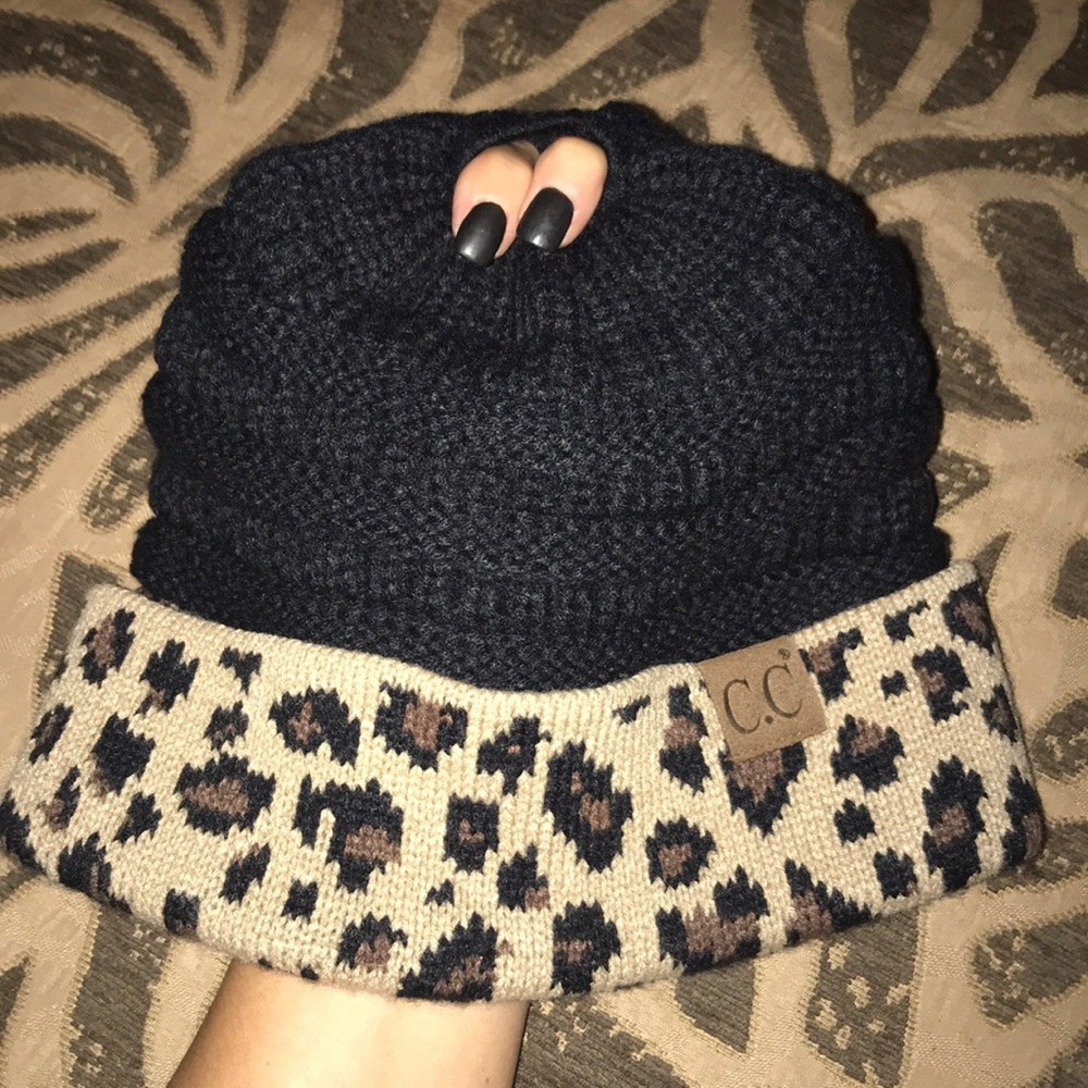 C.C Black Leopard Print Beanie Hat